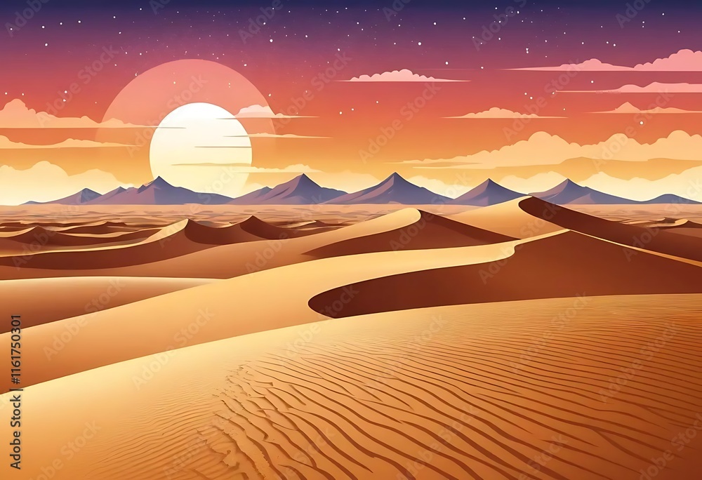 Naklejka premium Desert Sunset Landscape with Rolling Sand Dunes and Mountains