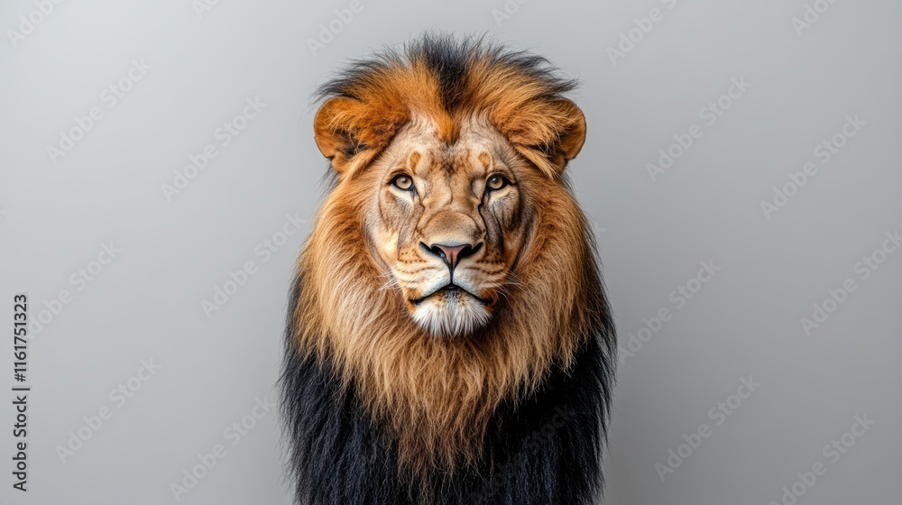 A close-up portrait of a majestic lion with a detailed mane against a neutral background. A close-up portrait of a majestic lion with a detailed mane against a neutral background.