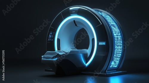 A futuristic imaging machine with a glowing design, set against a dark background, highlighting advanced technology and medical innovation.