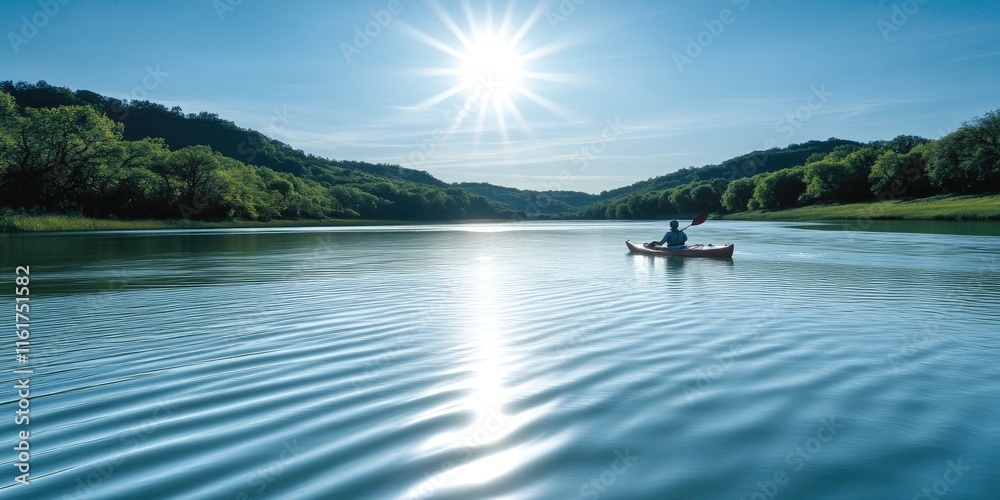 A serene lake scene with a person kayaking under a bright sun and lush green hills. A serene lake scene with a person kayaking under a bright sun and lush green hills.