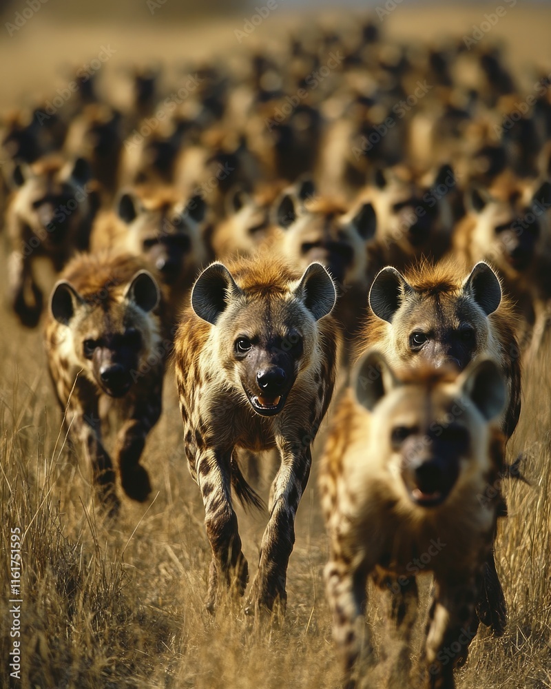 A large group of hyenas moving together across a grassy landscape. A large group of hyenas moving together across a grassy landscape.