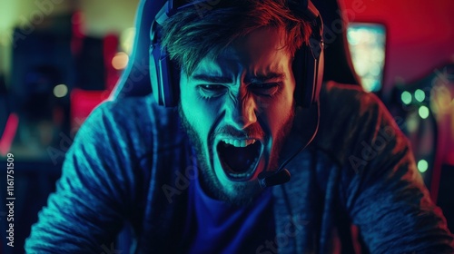A focused gamer passionately reacting while wearing a headset, surrounded by vibrant gaming lights and equipment.