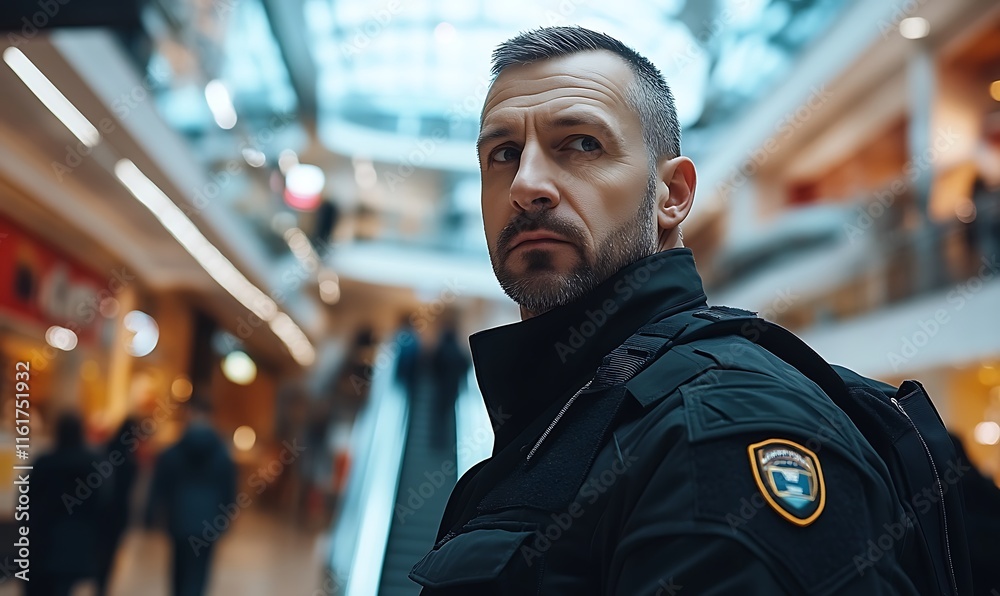 A security officer stands in a busy shopping mall, observing the surroundings. A security officer stands in a busy shopping mall, observing the surroundings.