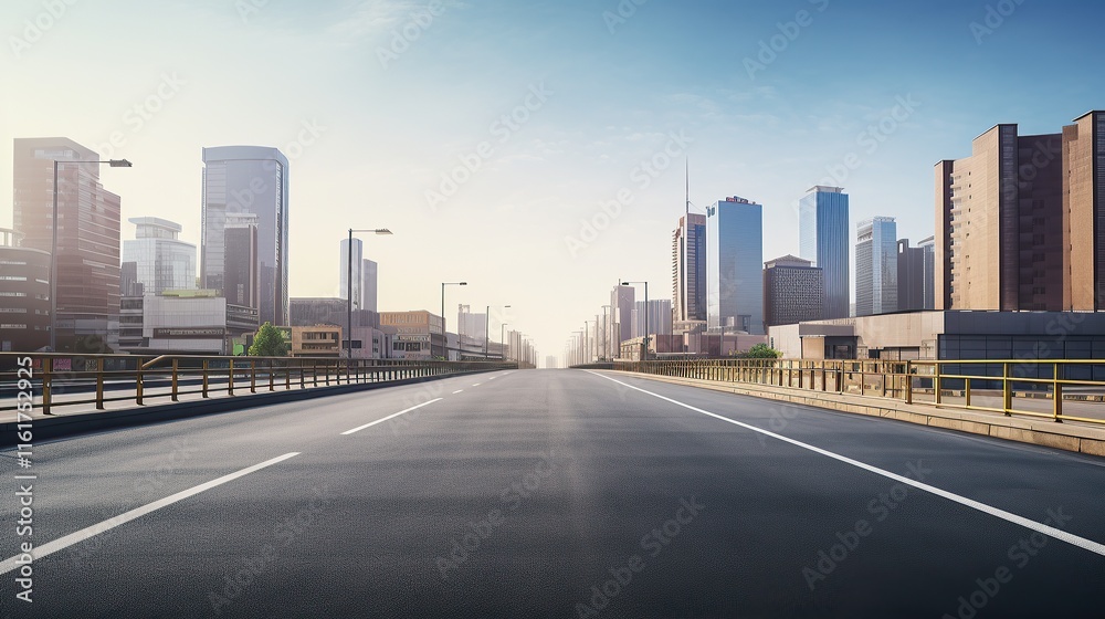 Fototapeta premium Empty street and modern cityscape, skyscrapers under bright blue sky