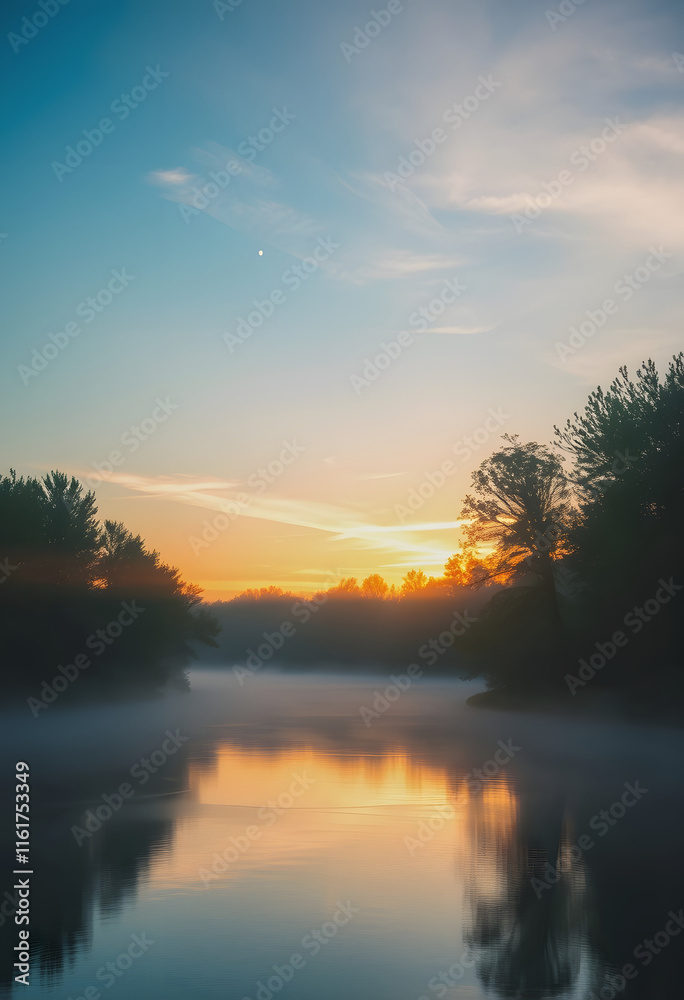 Morning Sunrise with Trees and River Blue Sky and Glowing Mist with Jesus as the Creator, minimalism, with white tones Morning Sunrise with Trees and River Blue Sky and Glowing Mist with Jesus as the Creator, minimalism, with white tones