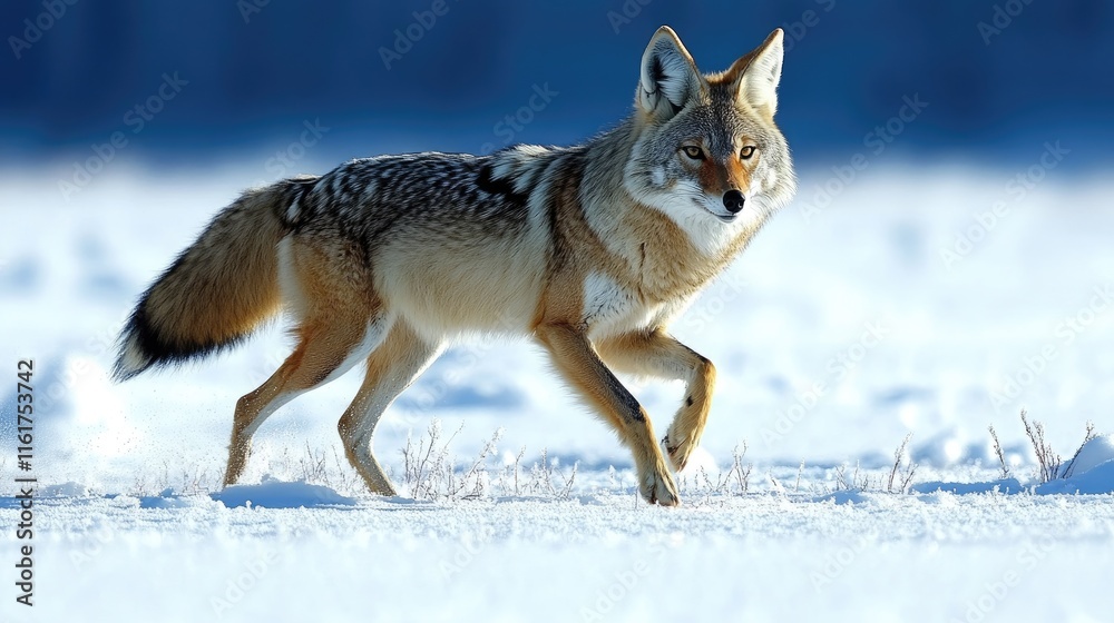 Fototapeta premium A coyote walking gracefully through a snowy landscape.