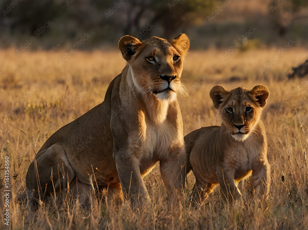 Lioness and Cubs in the Savannah: a detailed description of a lioness and her cubs in the savannah. Lioness and Cubs in the Savannah: a detailed description of a lioness and her cubs in the savannah.