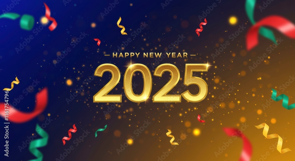 Fototapeta premium New Year's Eve 2025: A festive celebration for the new year, with gold 2025 text, colorful confetti, and sparkling lights on a dark blue background. 