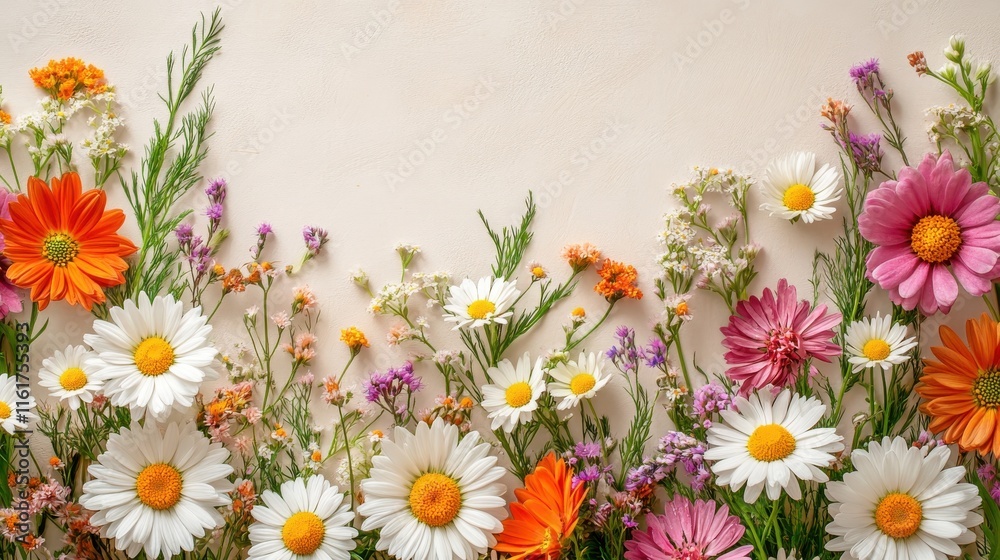 Fototapeta premium Bright daisies and wildflowers on taupe background with natural light