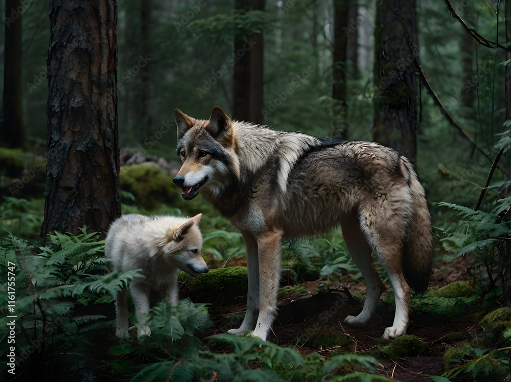 Fototapeta premium Wolf Protecting Pups: a wolf protects her pups in a dense forest.