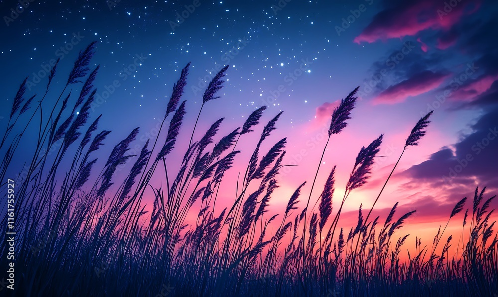Fototapeta premium A serene twilight scene with silhouetted grass against a starry sky.