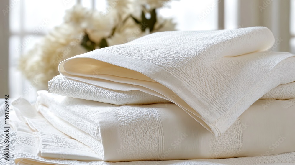 Stack of neatly folded white bath towels on a table. Stack of neatly folded white bath towels on a table.