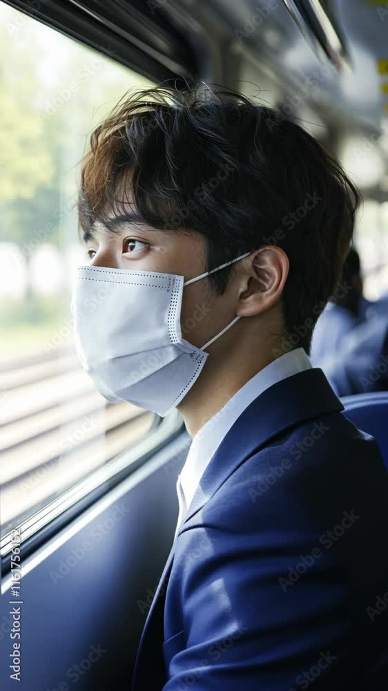 Young man wearing a mask looks out the window on a train during the day Young man wearing a mask looks out the window on a train during the day