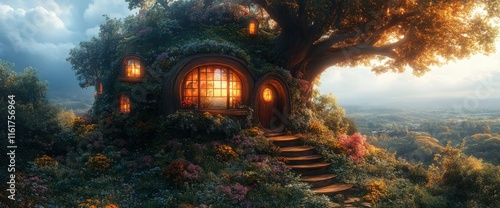 Enchanting Hobbit House on Hilltop at Sunset