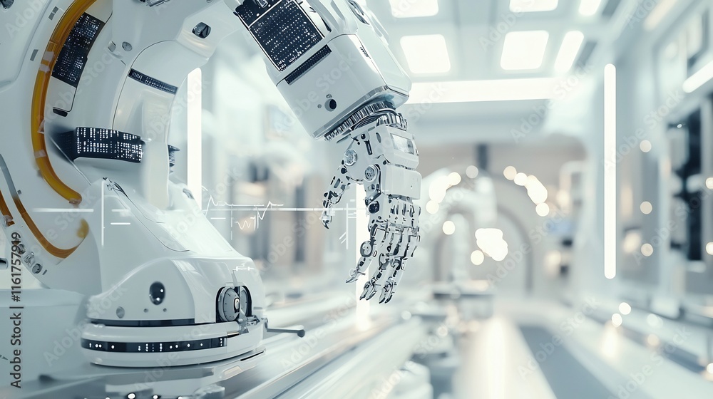 Futuristic Robotic Arm in a Modern Factory Setting Futuristic Robotic Arm in a Modern Factory Setting