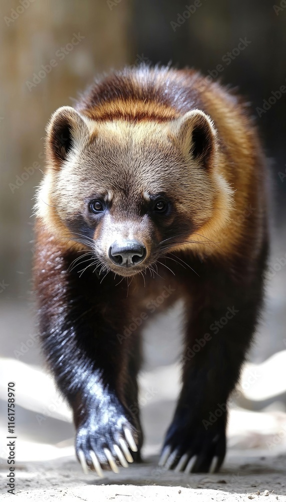 Obraz premium A close-up of a wolverine walking towards the camera in a natural setting.