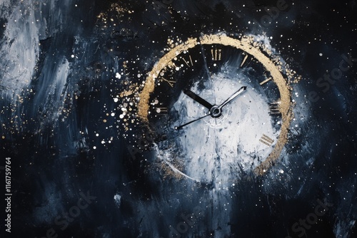 Abstract clock face with melting edges, showing midnight, surrounded by scattered glitter and soft ethereal mist