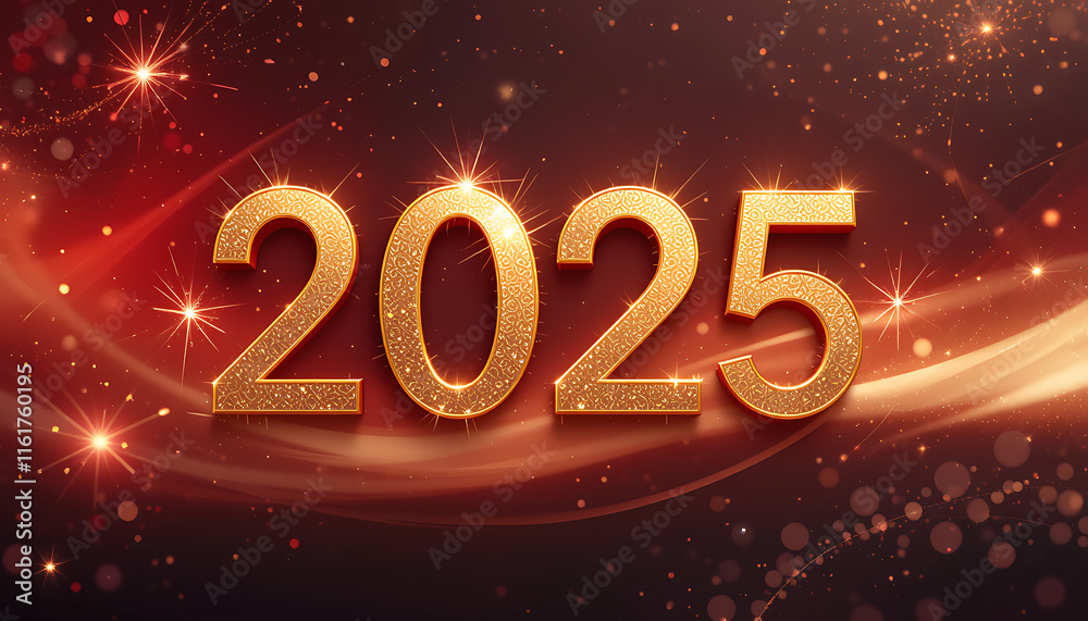 Glittering Gold 2025 New Year Design Red Background Glittering Gold 2025 New Year Design Red Background