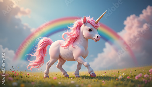 Pink Unicorn Rainbow Meadow Magical Fantasy Art