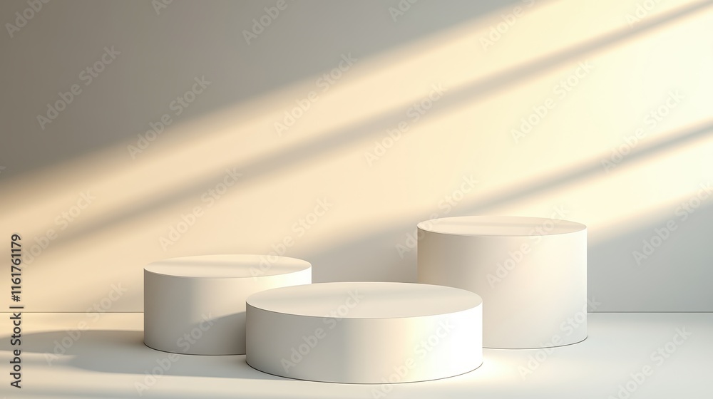 Three White Cylindrical Platforms In Sunlight Three White Cylindrical Platforms In Sunlight