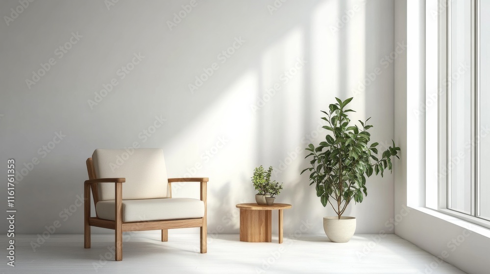 Fototapeta premium Sleek Minimalist Interior Design Featuring Armchair Against White Wall Background
