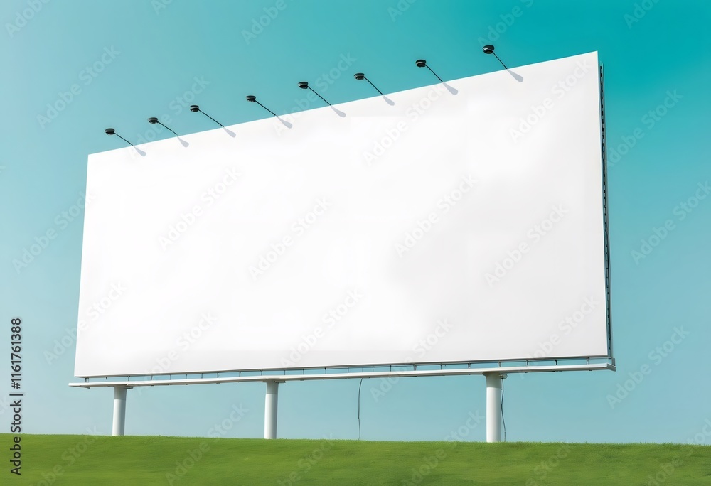Obraz premium Empty billboard providing advertising space stands on green hill with spotlights under blue sky