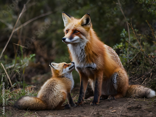 Fox and Kits in the Wilderness: the life of a fox raising her kits in the wilderness. photo