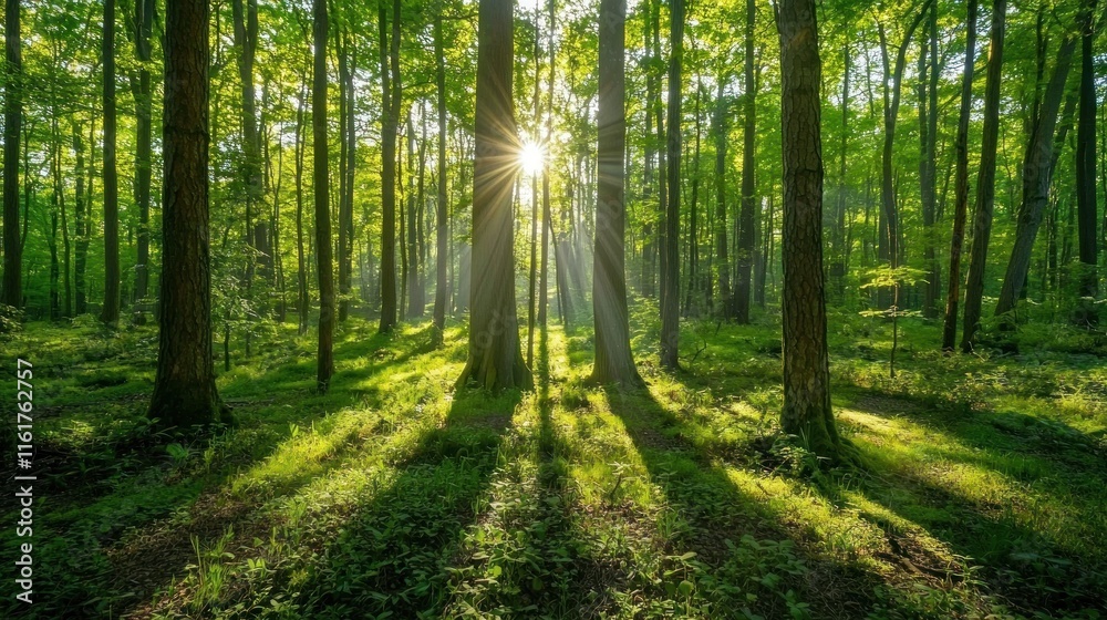 Obraz premium A dense, green forest with sunlight streaming through the canopy, casting shadows on the forest floor.