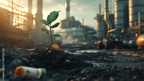 A resilient plant sprouts amidst industrial pollution, symbolizing hope and renewal in a contaminated environment. photo