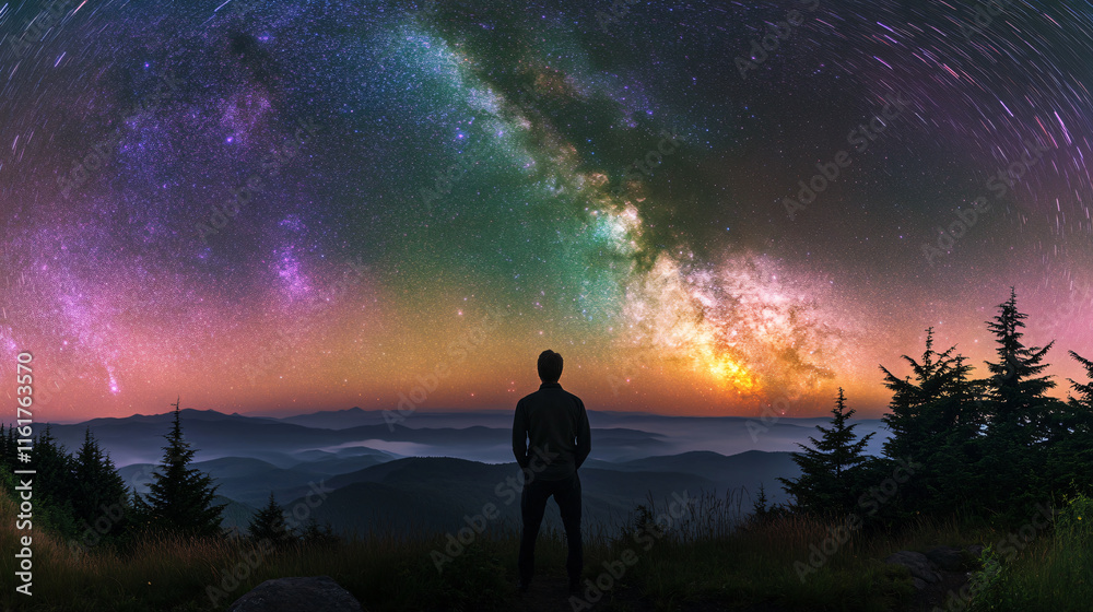 Fototapeta premium Enchanting astrophotography silhouetted man forested hillsides beneath starry skies swirling trail auroras vibrant cosmic phenomena stargazing nature celestial wallpaper space beauty glow dreamy