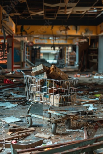 Abandoned Store Cart Filled with Survival Items in Ruined Space photo