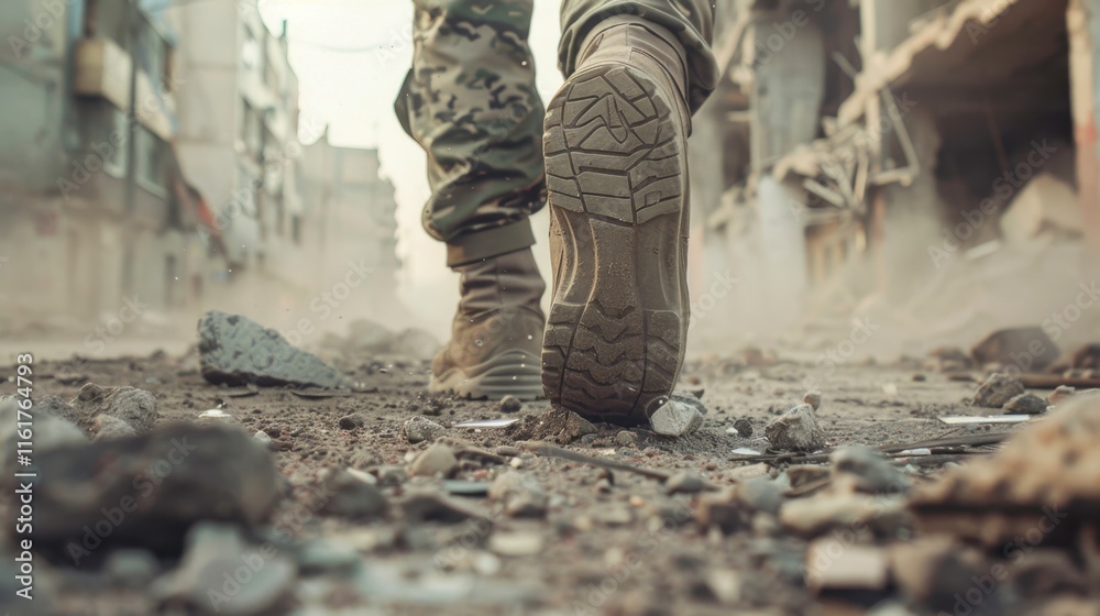 Military Boots Step Through Rubble in Urban Environment Military Boots Step Through Rubble in Urban Environment