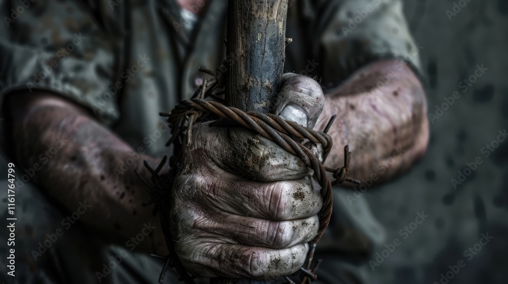 Close-Up of Rugged Hands Gripping a Baseball Bat with Intensity Close-Up of Rugged Hands Gripping a Baseball Bat with Intensity