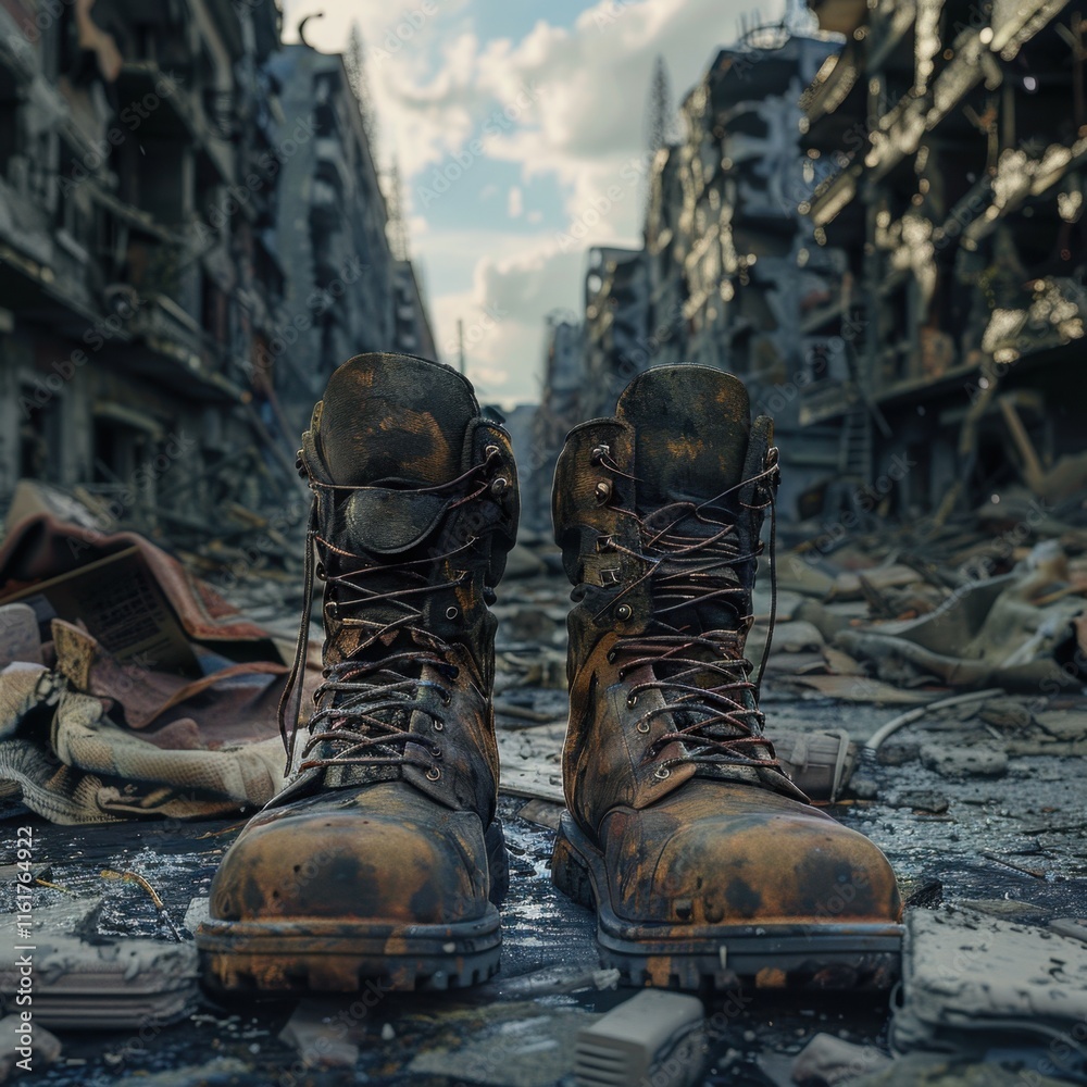 Scuffed Military Boots in a Post-Apocalyptic Urban Landscape Scuffed Military Boots in a Post-Apocalyptic Urban Landscape