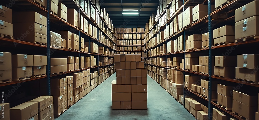 Fototapeta premium A spacious warehouse filled with neatly stacked cardboard boxes on shelves.