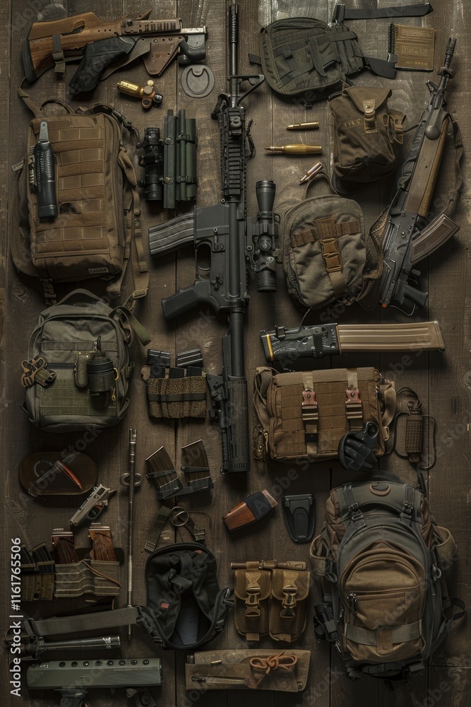 Overhead Shot of Tactical Gear Spread Out on Wooden Floor Overhead Shot of Tactical Gear Spread Out on Wooden Floor