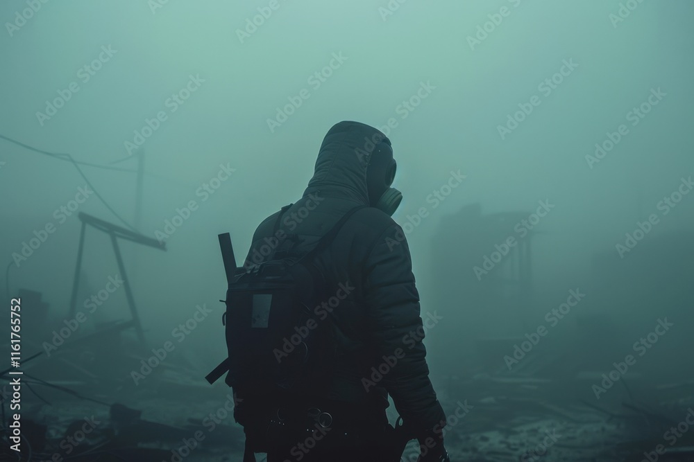 Silhouetted Figure of Survivor in Gas Mask Amidst Foggy Ruins Silhouetted Figure of Survivor in Gas Mask Amidst Foggy Ruins