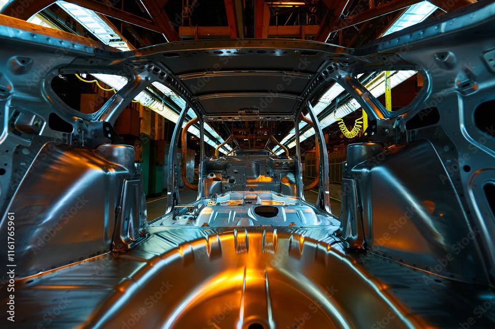 Obraz premium Metallic car carcasses on conveyor in assembling workshop