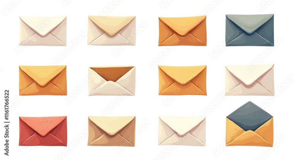 Illustrated Collection of Colorful Envelopes in Various Shades for Creative Stationery and Email Concepts