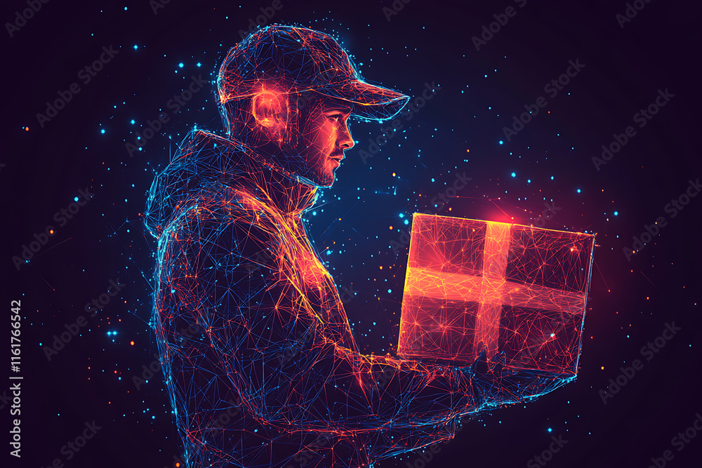 Fototapeta premium A modern vector illustration of a delivery man holding a box, dressed in a sleek uniform and cap. The design emphasizes efficiency, professionalism, and reliability in delivery services