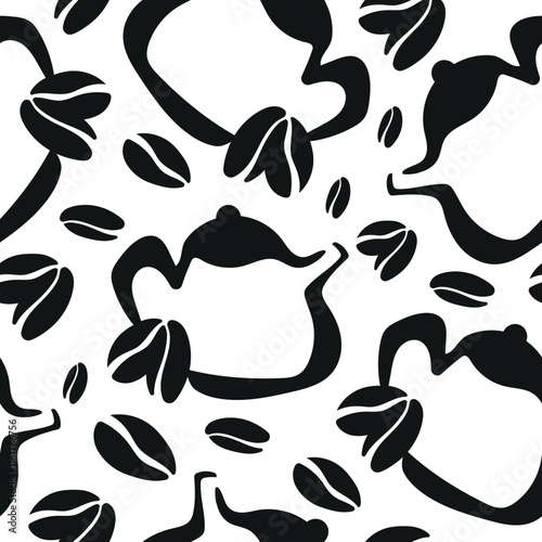 pattern with teapots for brewing drinks and coffee beans placed randomly, for different packaging, textile or design