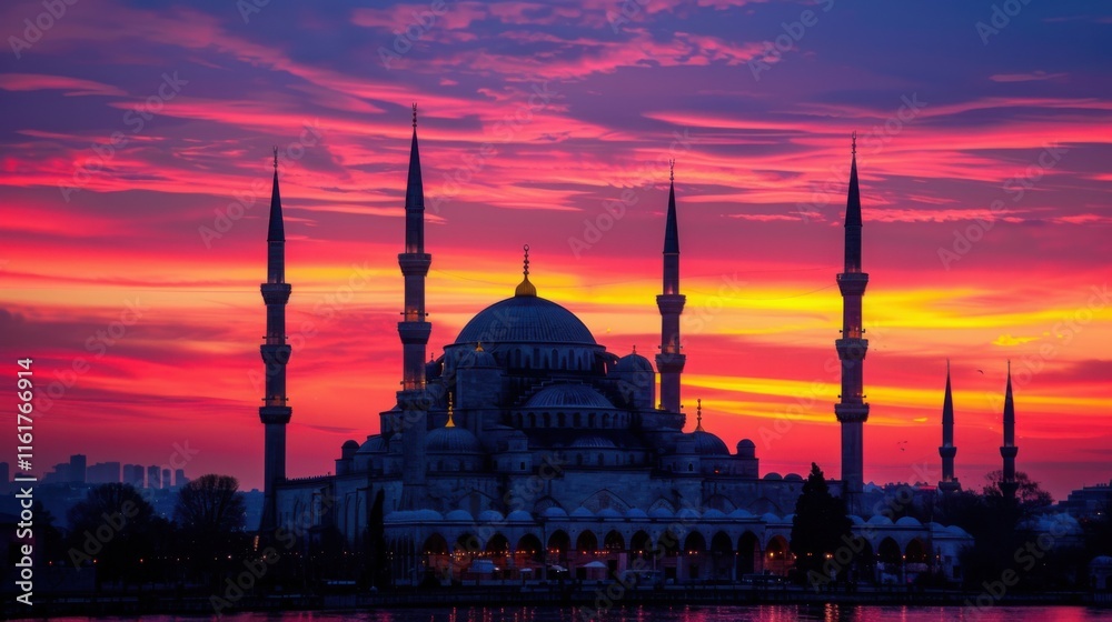 Obraz premium Majestic Sultan Ahmed Mosque at Sunset in Istanbul Turkey A Vibrant Display of Architectural Grandeur and Colorful Skies