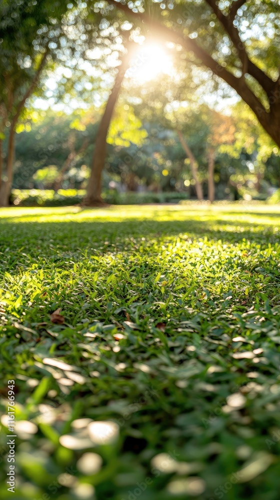 Obraz premium A serene park scene with sunlight filtering through trees onto lush green grass.