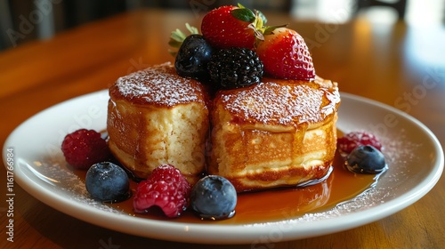 Delicious pancakes topped with fresh berries. photo