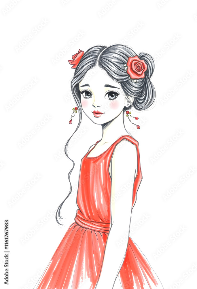 beautiful girl in red dress, crayon drawing, with white tones beautiful girl in red dress, crayon drawing, with white tones