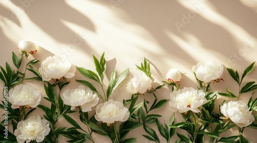 Fototapeta Naklejka Na Ścianę i Meble -  White peonies and lush greenery on taupe background with diffused sunlight