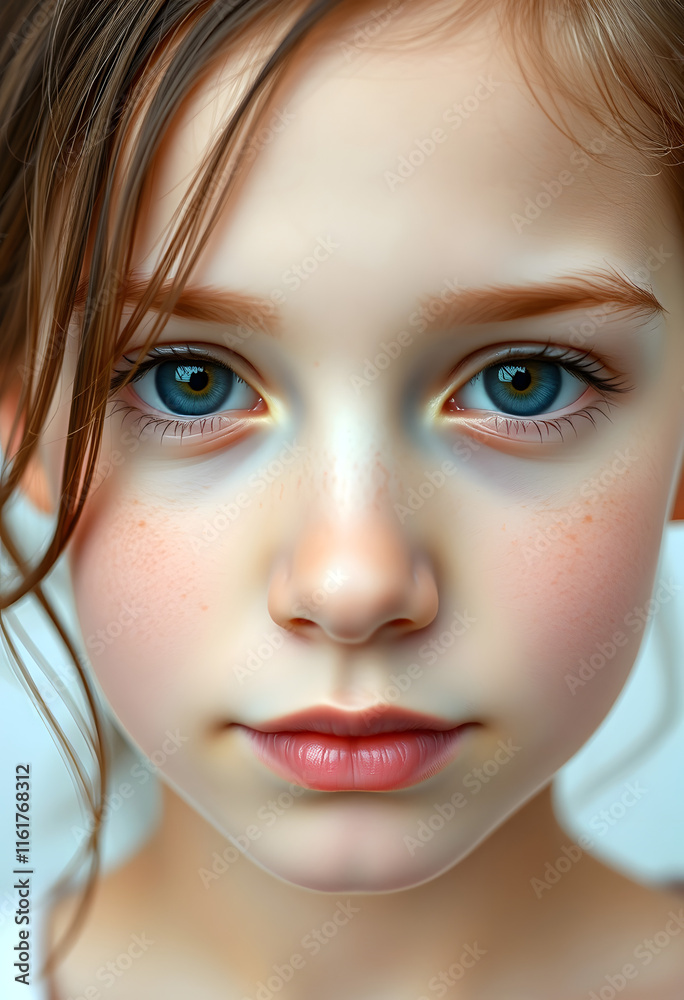 Closeup portrait of beautiful young girl with smooth clear skin and without makeup looking at camera with tenderness over white background. Concept of natural beauty, graphic novel art Closeup portrait of beautiful young girl with smooth clear skin and without makeup looking at camera with tenderness over white background. Concept of natural beauty, graphic novel art