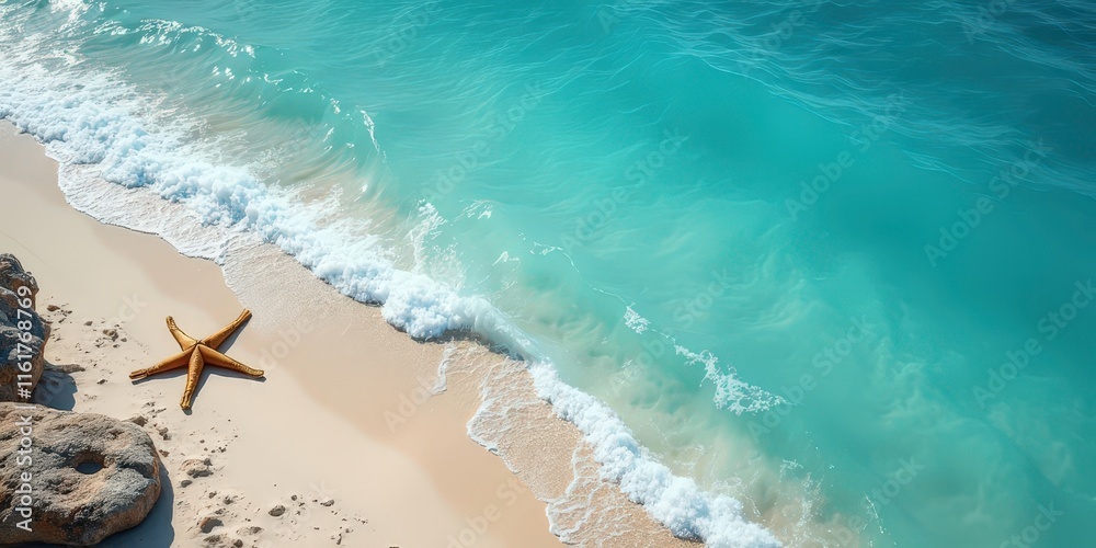 Obraz premium Coastal Serenity: A lone starfish rests on the pristine white sand, kissed by the gentle waves of a turquoise ocean. The scene evokes a sense of tranquility and escape. 