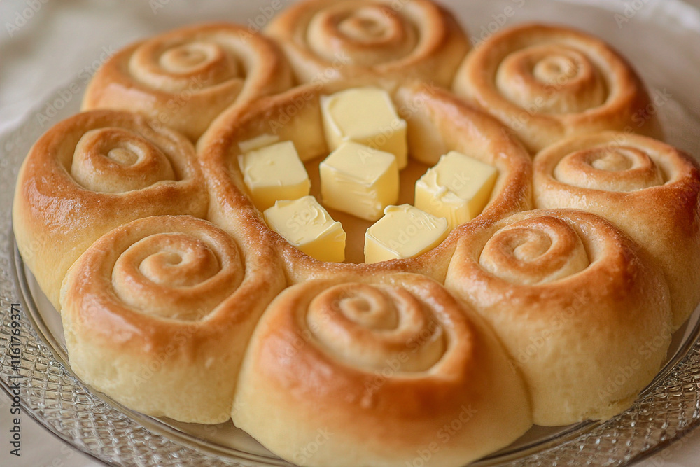 Fresh dinner rolls are served on a round plate with butter in the middle. (Generative AI) Fresh dinner rolls are served on a round plate with butter in the middle. (Generative AI)