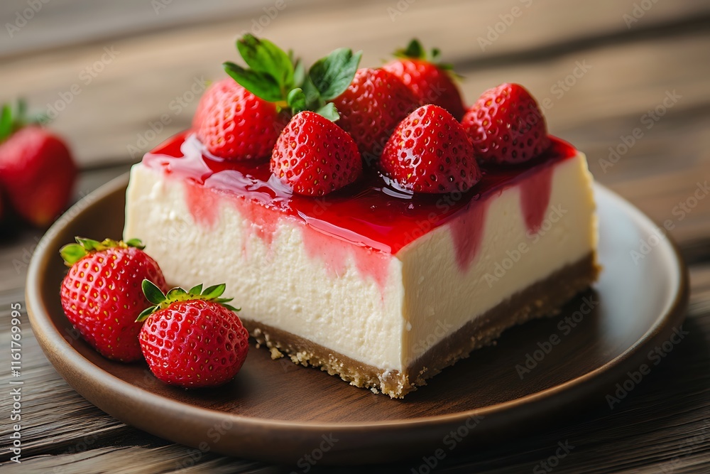 Delicious cheesecake with fresh strawberries on wooden table, closeup Delicious cheesecake with fresh strawberries on wooden table, closeup